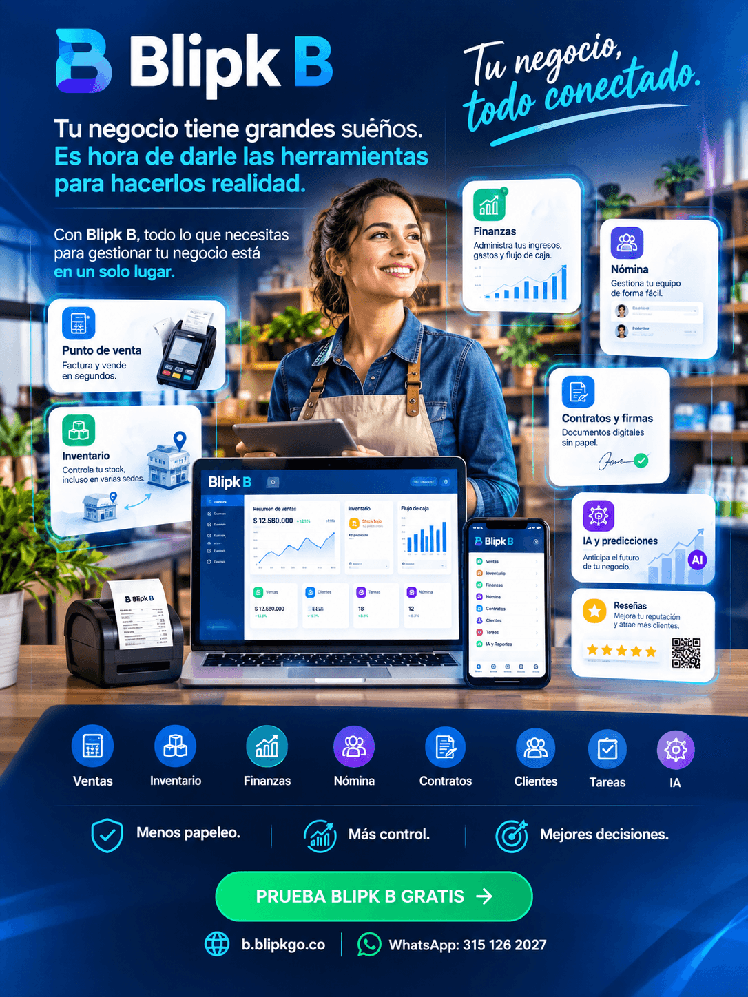 Blipk B: punto de venta, inventario por sedes, finanzas, nómina, contratos y firmas, IA y predicciones, y reseñas en un solo lugar